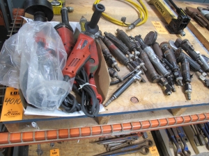 LOT TO INCLUDE: (3) MILWAUKEE ELECTRIC GRINDERS, CAT# 5223, 5 IN, 120 V, 12.0 A, RPM 7000, (1)MILWAUKEE 4 1/2 IN GRINDER, 11000 RPM, 120 V, 11.0 A, CAT# 6146-30, MISC. AIR GRINDERS. LOADING & HANDLING FEE $5-4010